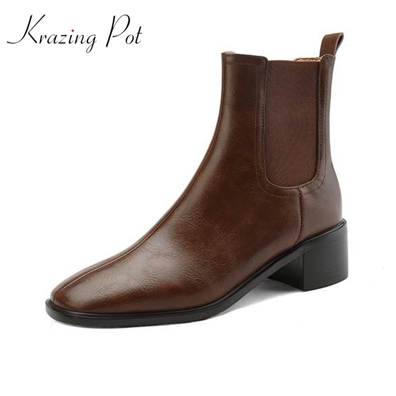 

Krazing Pot Cow Leather Round Toe Thick Heels Basic Design Winter Warm Chelsea Boots Slip On European Office Lady Ankle Boots