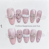 10pcs Purple Cat's Eye Handmade Fake Nails Tips Glitter Mid-length Oval Press on Nails Art Bow Rhinestone Design False Nail Sets 5