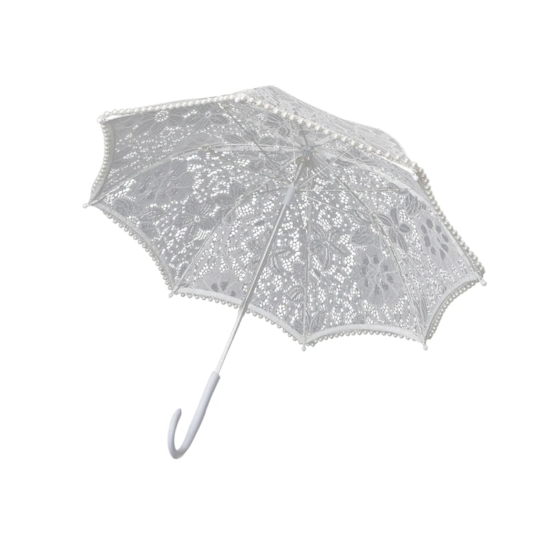 *Lace Umbrella Parasol White Wooden Handle Costume Flower Girl Umbrella for Wedding Decoration Photo Prop