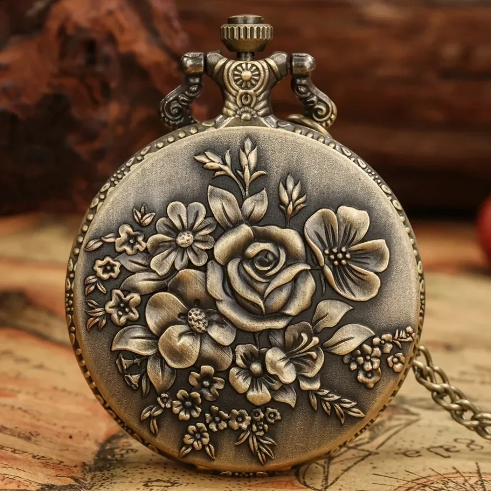 

1pc Retro Elegant Bronze Bloom Rose Flower Petal Pendant With Necklace Chain Women's Quartz Pocket Watches