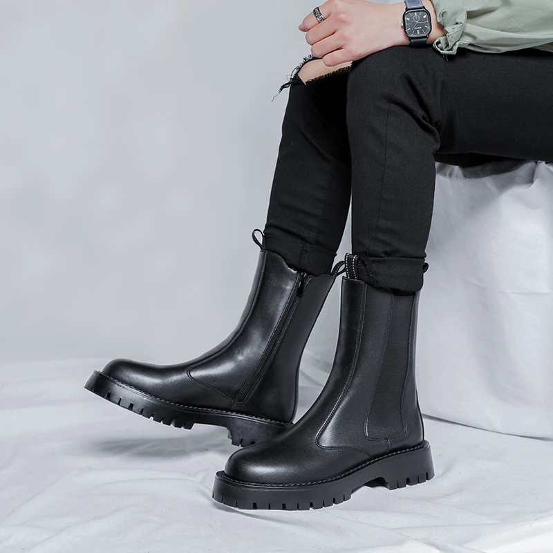 Platform Mens Boots 2023 Men Shoes British Style Side Zipper Wear-resistant Casual Boots Classic High-top Black Chelsea Boots