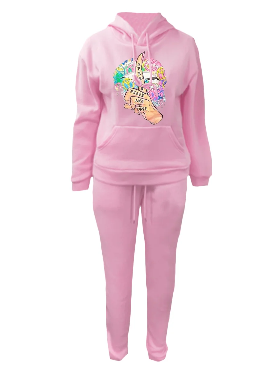 Autumn Winter 2pcs Set Letter Print Pocket Tracksuit Set Women Sportwear Fleece Hoodies Pullover Sweatshirts Pants Outfits