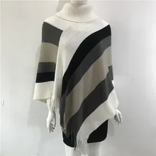 

Spring Autumn New Women Irregular High Neck Striped Tassel Shawl Cloak Sweater Pullover Blouse Female Jacket White