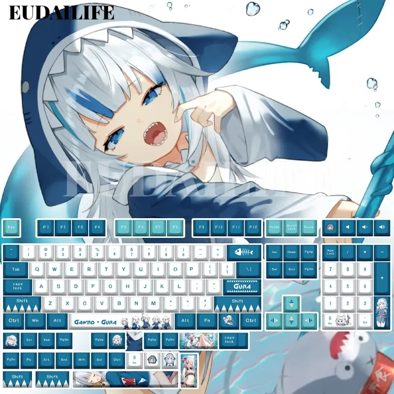 Hololive Vtuber Gawr Gura 132 Key Cover Pbt Dye Sublimação Cherry mx Cruz Eixo Chave Keycap para Teclado Mecânico Presente do Jogo