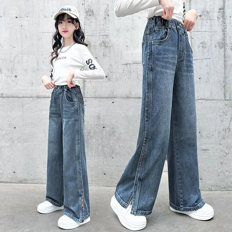 Girls Jeans Autumn Casual Loose Side Gradient Color Young Children Wide Leg  Pants 8 10 12 13 14 Years Teen School Kids Trousers - AliExpress