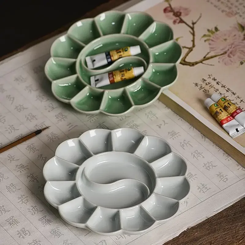 Watercolor Palette Ceramic Oil Paint Palette Round Plum Shape White Porcelain for Gouache Tray Art Students Supplies