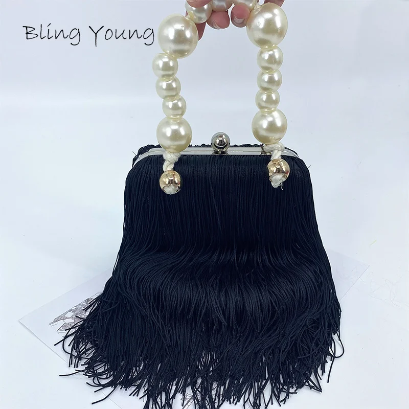 

Girls Fashion Silk Tassels Clutch Bags Woman Luxury Tote Pearl Handle Trending Evening Handbag