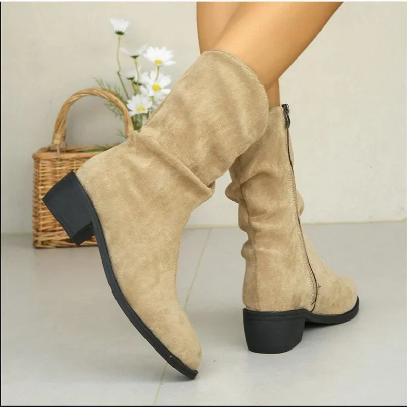 French Vintage Western Cowboy Boots Women's Large Stacked Boots Frosted Mid Barrel Short Boots Women