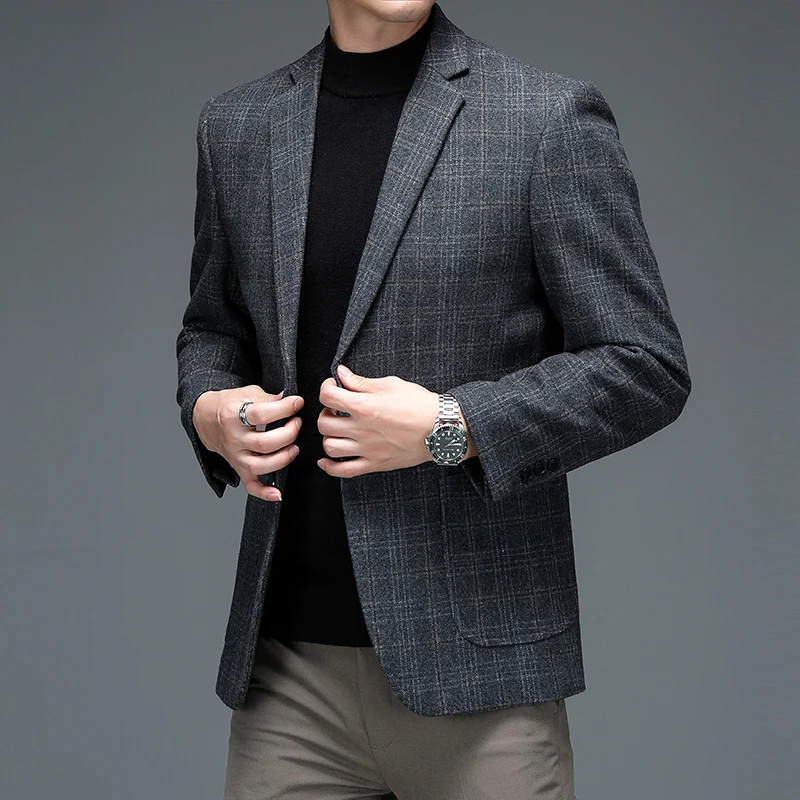 England Styel Men Plaid Wool Blazers Gray Navy Brown Checkered Pattern Sheep Wool Jacket Suit Male Classical Outfit Uniform 2024