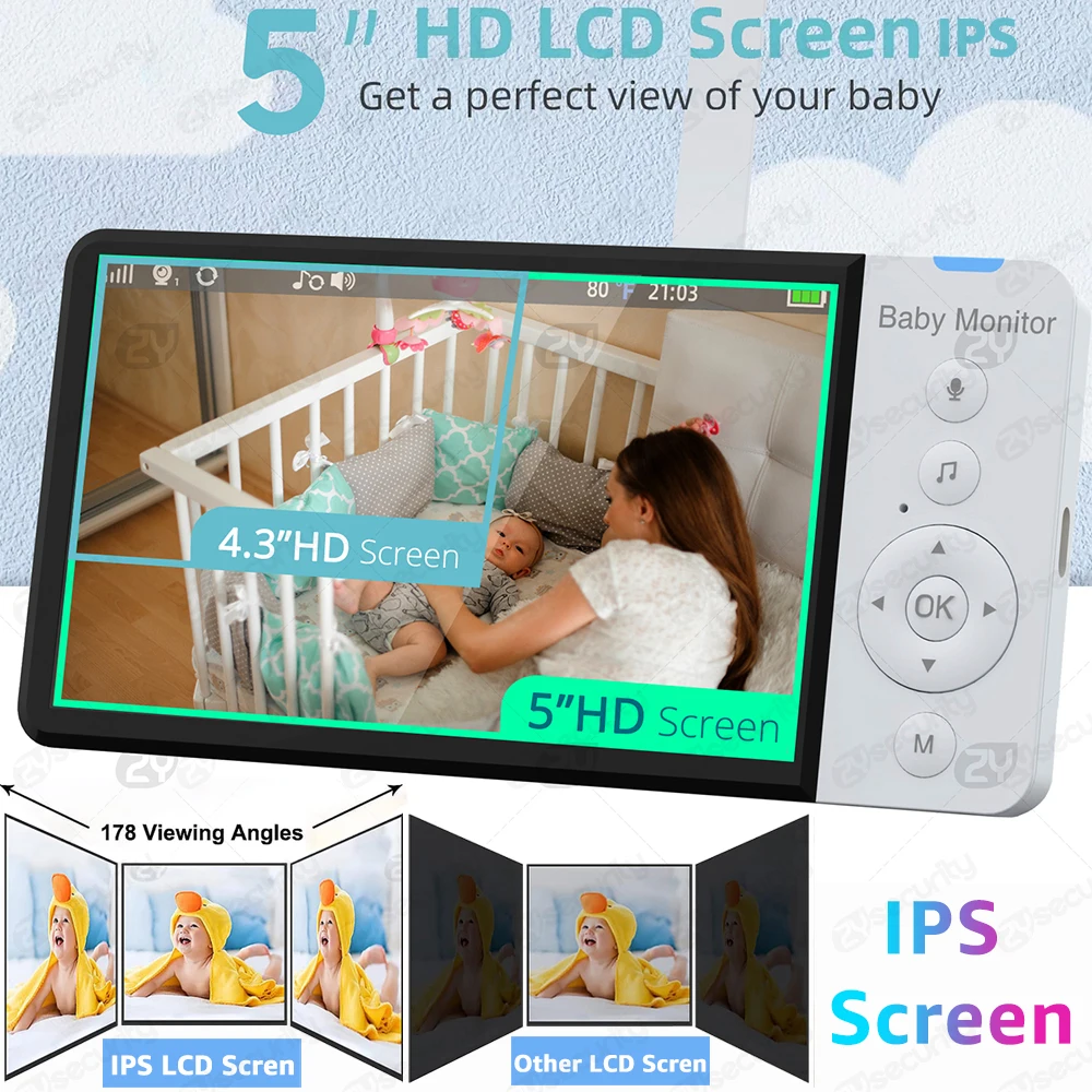 Video Baby Monitor 5"IPS Screen 5000mAh Battery PTZ Nanny Camera Night Vision 2-way Audio Card Slot