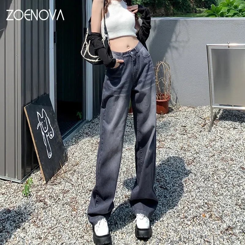 ZOENOVA 아메리칸 레트로 여성 하이웨이스트 스트리트웨어, 워싱 루즈 스트레이트 팬츠, 와이드 레그 모핑 청바지, XS-XL, 2023 여름 신상