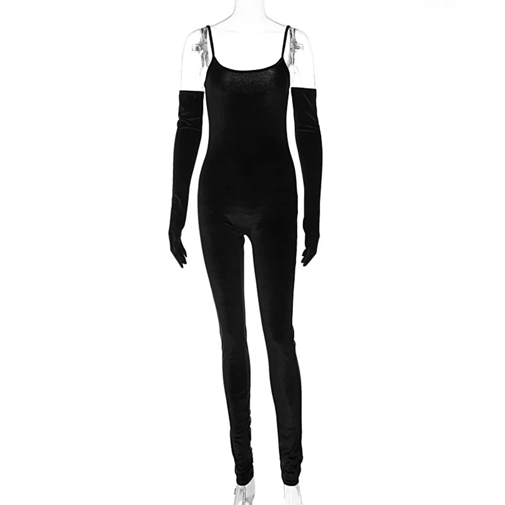 BKLD Women Clothing 2023 Spring New Solid Color Black Jumpsuits With Gloves Spaghetti Strap Jumpsuit Sexy Night Club Outfit