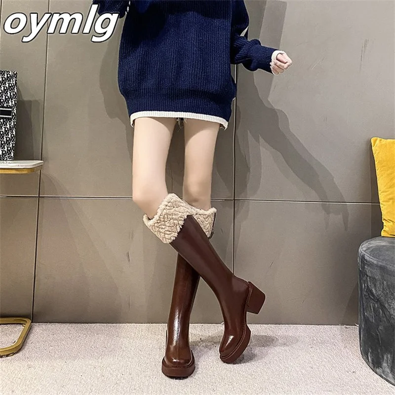 2023 Winter New plush thick heeled Knight Boots Women's Knee Up Fashion Snow Boots Warm Soft Leather High Boot