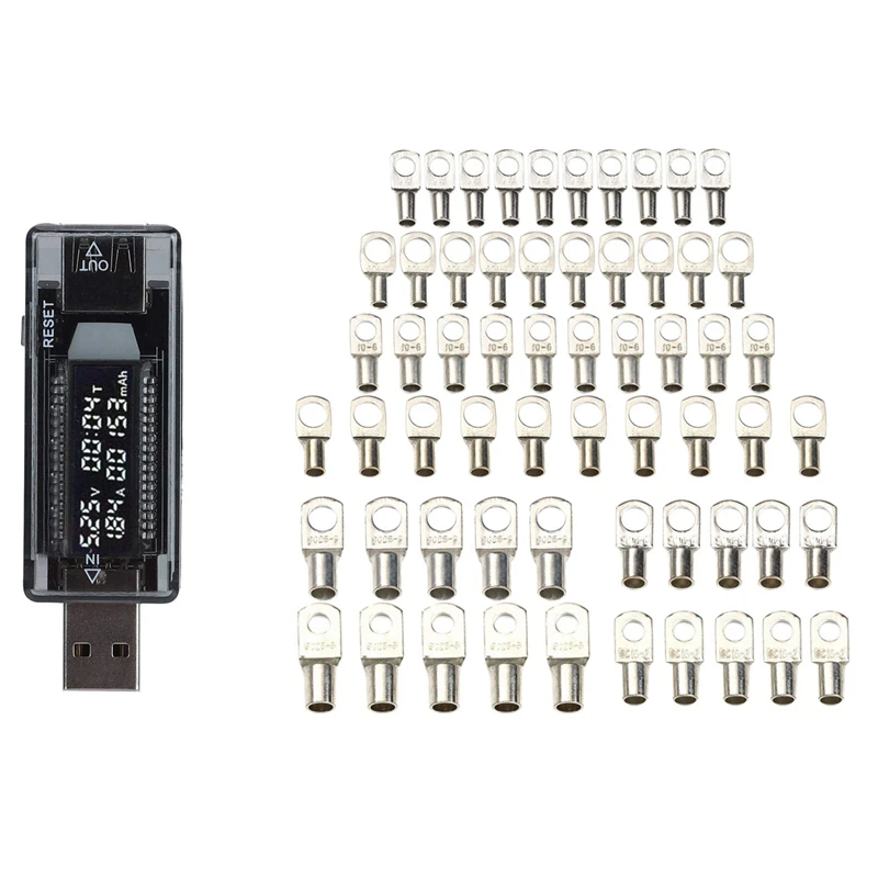 USB Power Tester Voltmeter Ammeter Power/Capacity/Mobile Power Tester With 60Pcs SC Bare Ring Terminals Lug