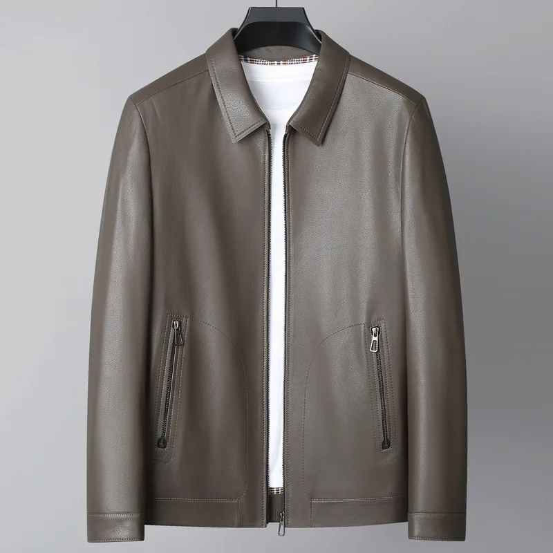 

Мужская кожаная куртка с лацканами, тонкая куртка из натуральной овечьей кожи, 2023