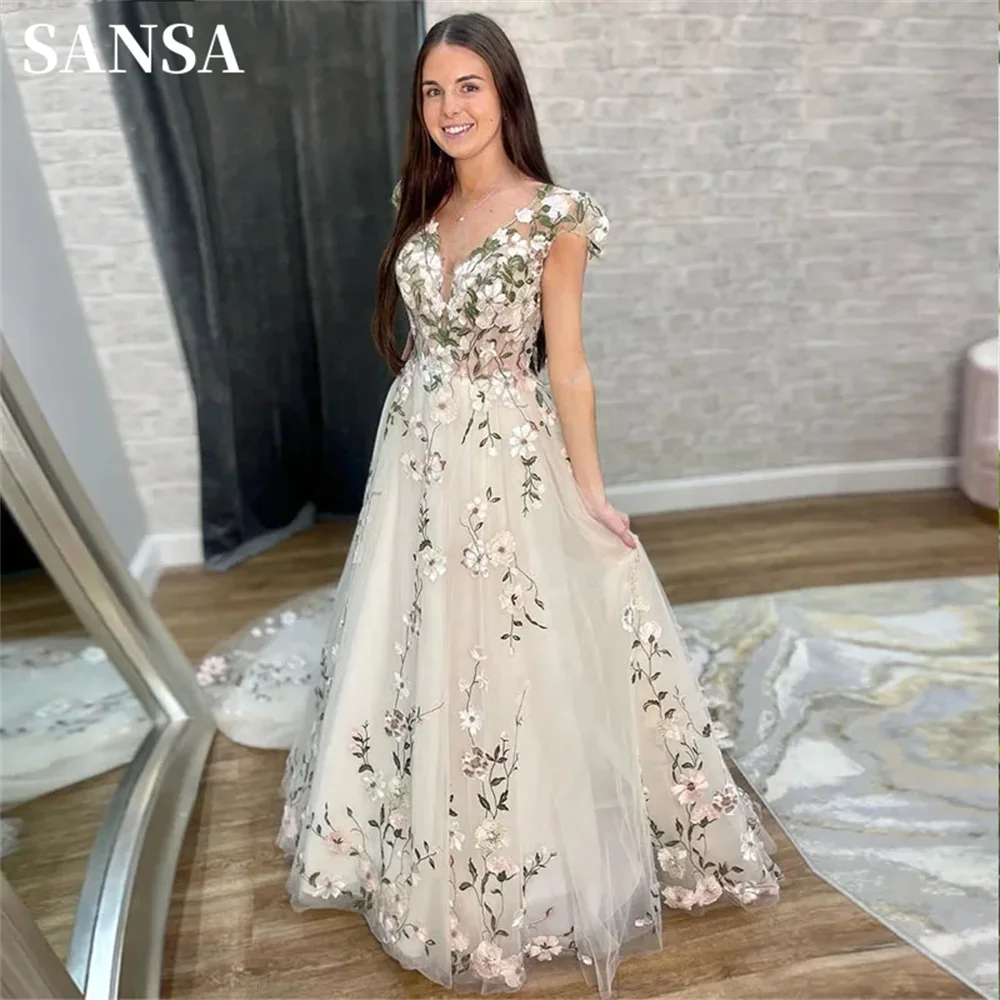 

Sansa Sweet A-line Flower Lace Embroid Prom Dresses Open Back فساتين الحفلات Light Champagne Vestidos De Noche فساتين السهرة