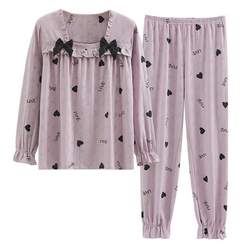 

Women's Sleepwear Cotton Pajamas Set Cute Sweet Bow Style Pyjamas Long Sleeves Tops +Pants Winter Warm Homewear Pijama for Women