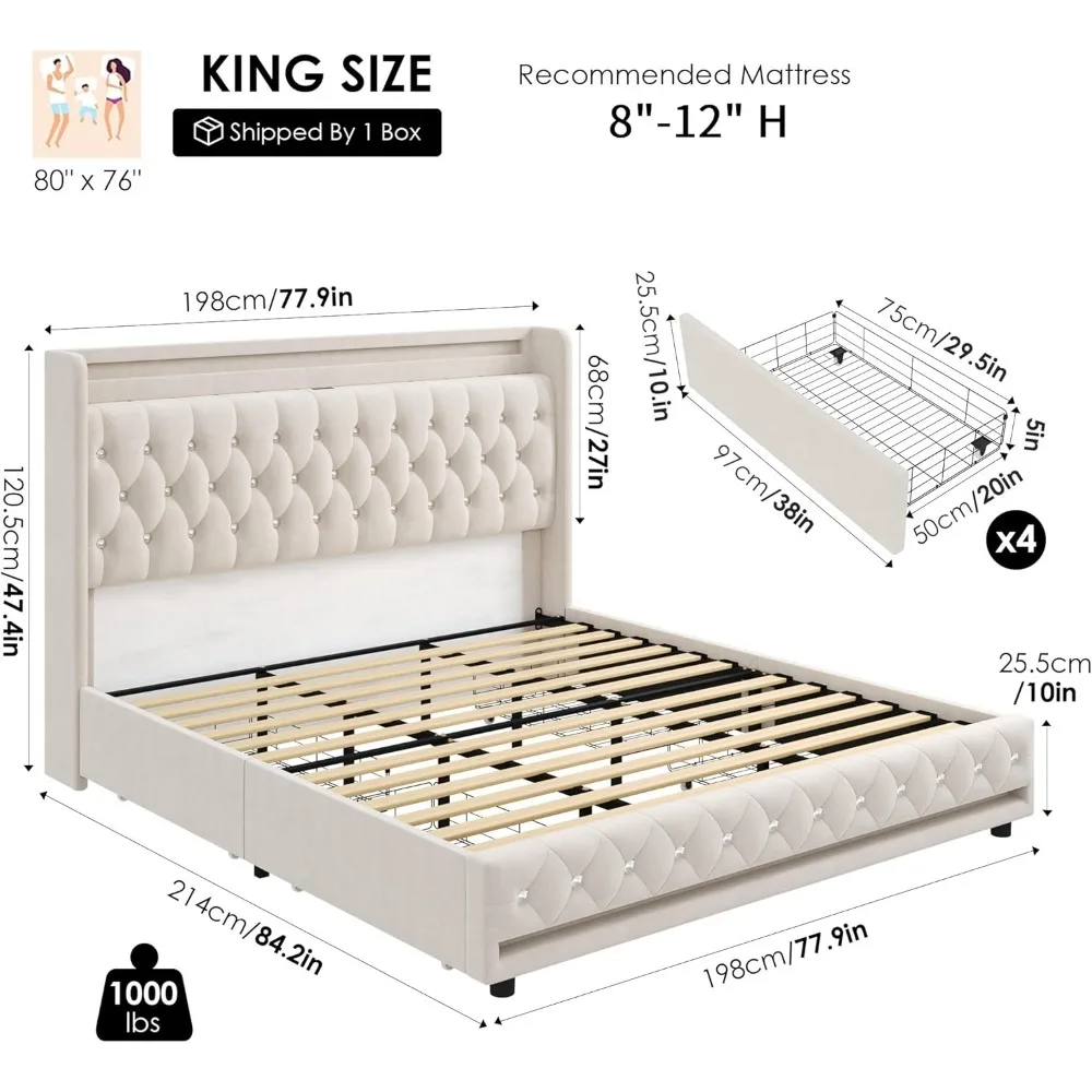bedstead, with Charging Station and 4 Storage Drawers, Velvet Upholstered Platform Bed with Headboard, Metal Frame, bedstead 6