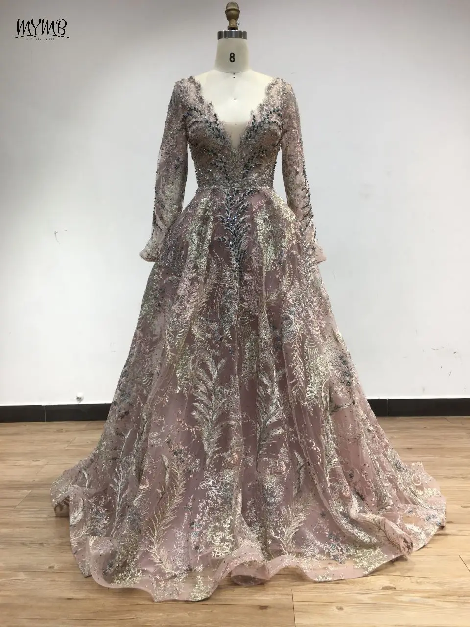 MYMB Arabic Luxury V Neck A-Line Beading Lace Wedding Engagement Night Gowns Elegant Long Sleeve Evening Dress for Women Party 5