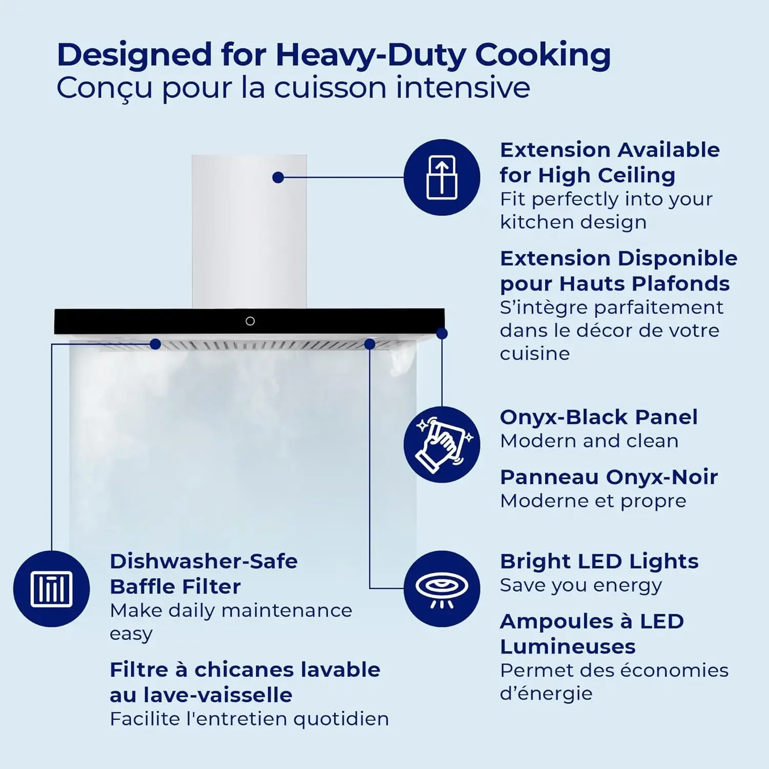 Chef Series Range Hood: 30" WM-739 Wall Mount Kitchen Fan Contemporary Stainless Steel T Style Hood with Black Glass Panel 2