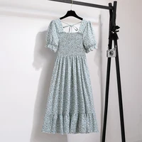 Summer Pleated Women Chiffon Dresses Casual Beach Holiday Short Sleeve Square Collar Woman Midi Dress Bohemian Mujer Vestidos - Image 2