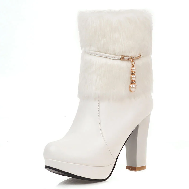 

New Autumn And Winter fashion Round head pearl zipper High heel Short tube Women's shoes plus size 34-43 boots botas de mujer