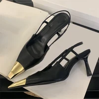 Aneikeh Street Style Sexy Pointed Toe Slingbacks Pumps Women Stripper Sandals High Heels Female Banquet Shoes Brown Kitten Heels