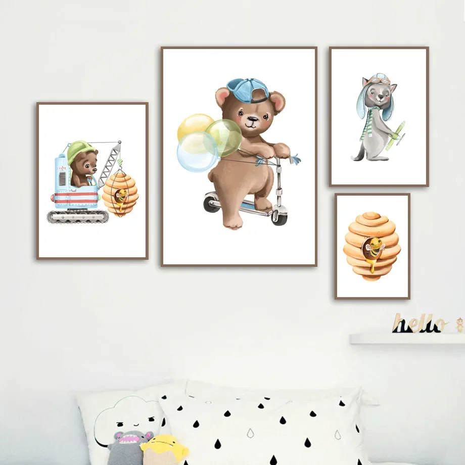 

Creative Cartoon Bear Balloon Honey Toy Car Scooter Wall Art Canvas Painting Nordic Poster And Print Wall Picture Kid Room Decor