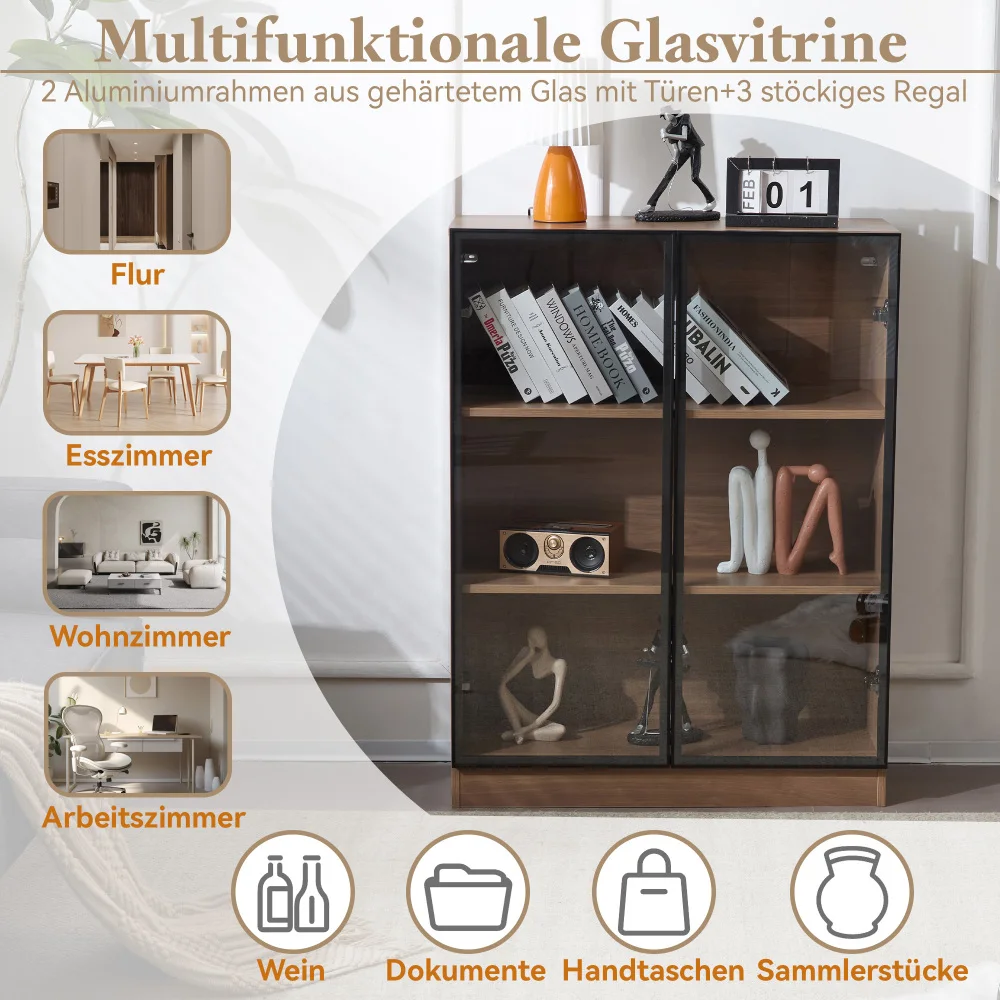 PINGGO LED Glas-Vitrine Naturfarben Sammler-Aufbewahrungsschrank 3-stufige Regale Standvitrine 80x32x106cm – Detail 10