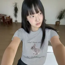 Vintage Cute Rabbit Graphic Women's Casual T - Shirt - 90s Kawaii Style with Fun Text Print - XXL (DM5029 - grey)