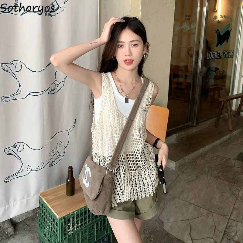 

Sets Women Hollow Out Schoolgirl Summer Chic Solid Feminine Tanks 2 Pieces Retro High Street Hot Sale Comfortable Ins Ulzzang