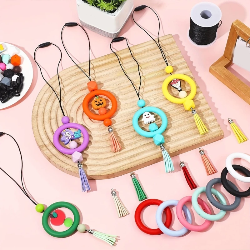 91pcs Beadable O Shaped Circles and Beads for Handmade Crafts 65mm Silicone Rings with 2 Holes Jewelry Making Supplies
