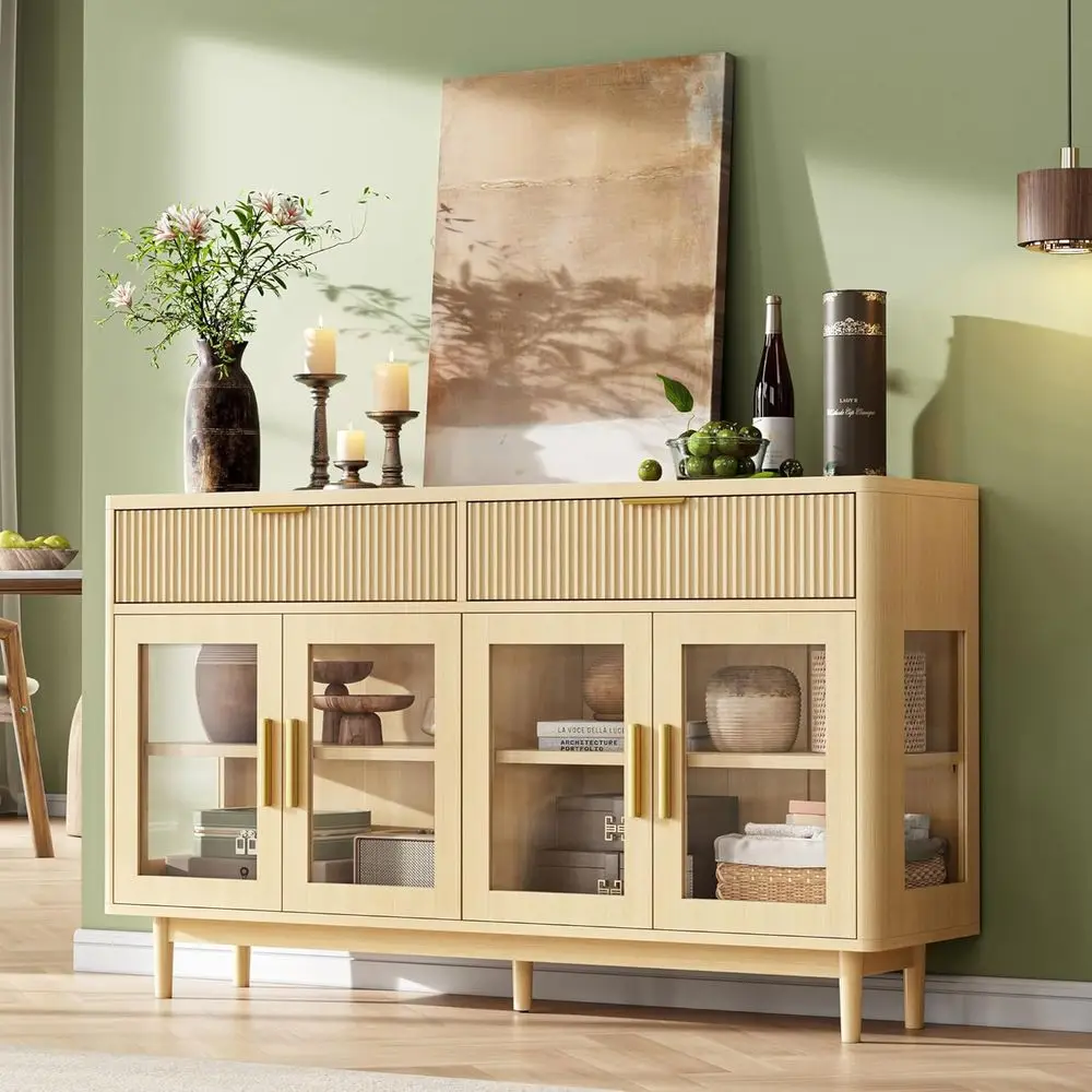 Sideboard et Cabinet with Drawers, Modern Kitchen Storage Cabinet with Adjustable Shelves and Tempered Glass Doors, Wood Cof