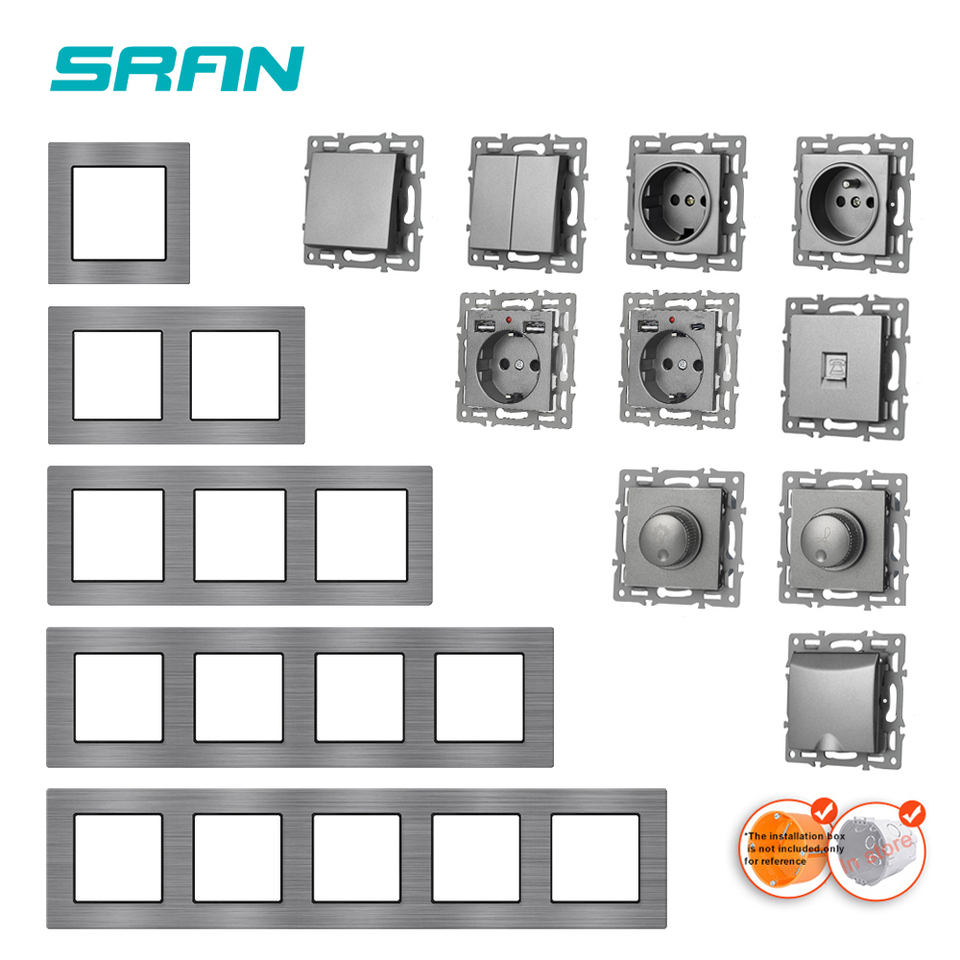 SRAN F9 Series Gray Aluminum alloy Panel Light switch EU French Electrical outlets Usb wall plug TV rj45 socket Module DIY