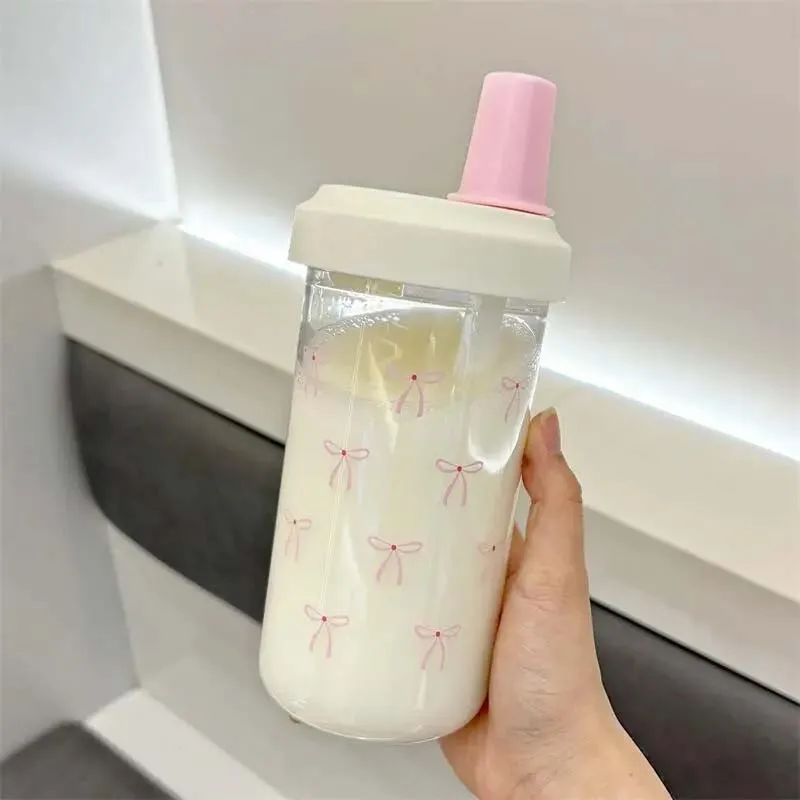 Original Purple Bow Water Cup with Straw - Cute Bubble Tea & Coffee Plastic Bottle, Large Capacity