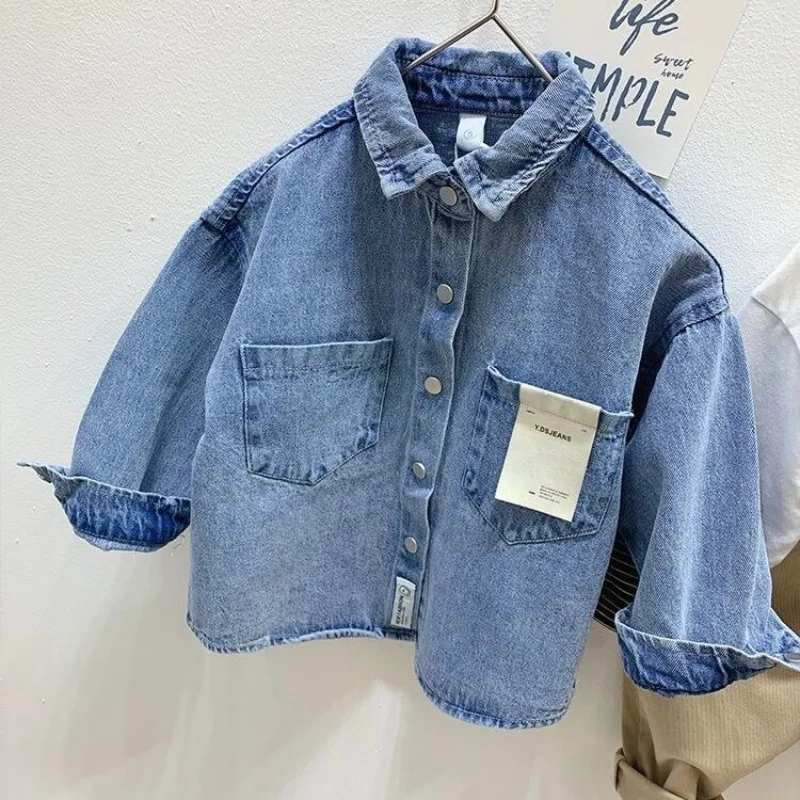 2025 herbst 2-7 T kinder Denim Shirts Koreanischen stil Jungen drehen-unten Kragen Langarm-shirt Mädchen lose Jacken Kinder Outwear