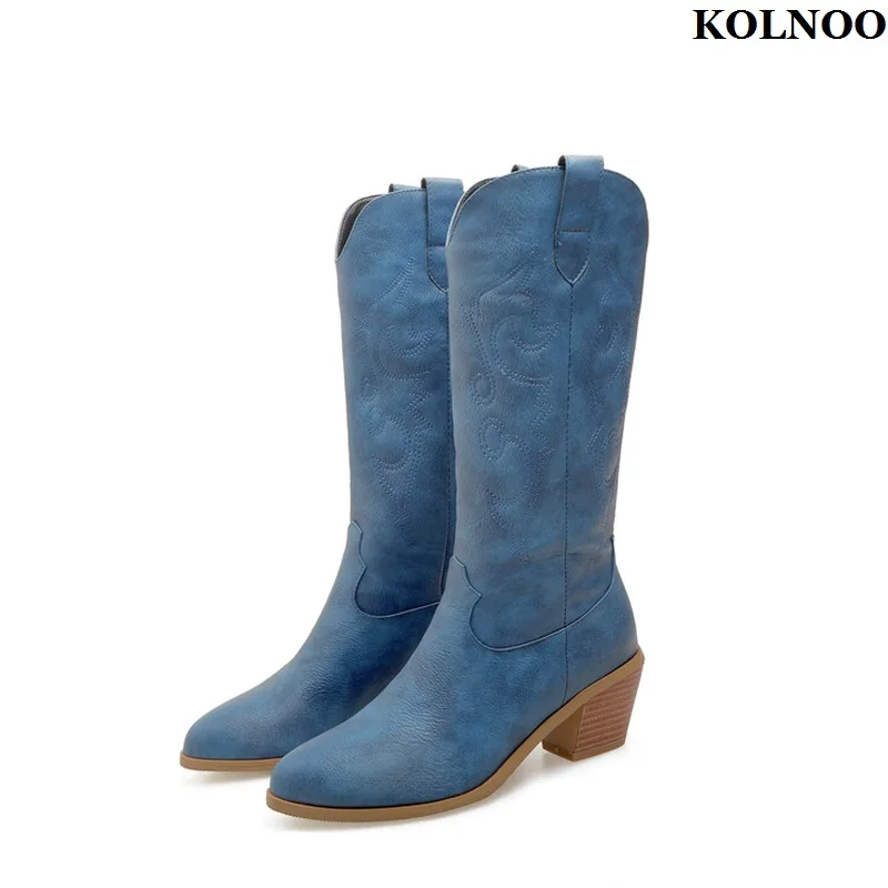 

Kolnoo New Classic Style Handmade Ladies Chunky Heels Midcalf Boots Vintage Retro Embroidery Booty Evening Fashion Winter Shoes