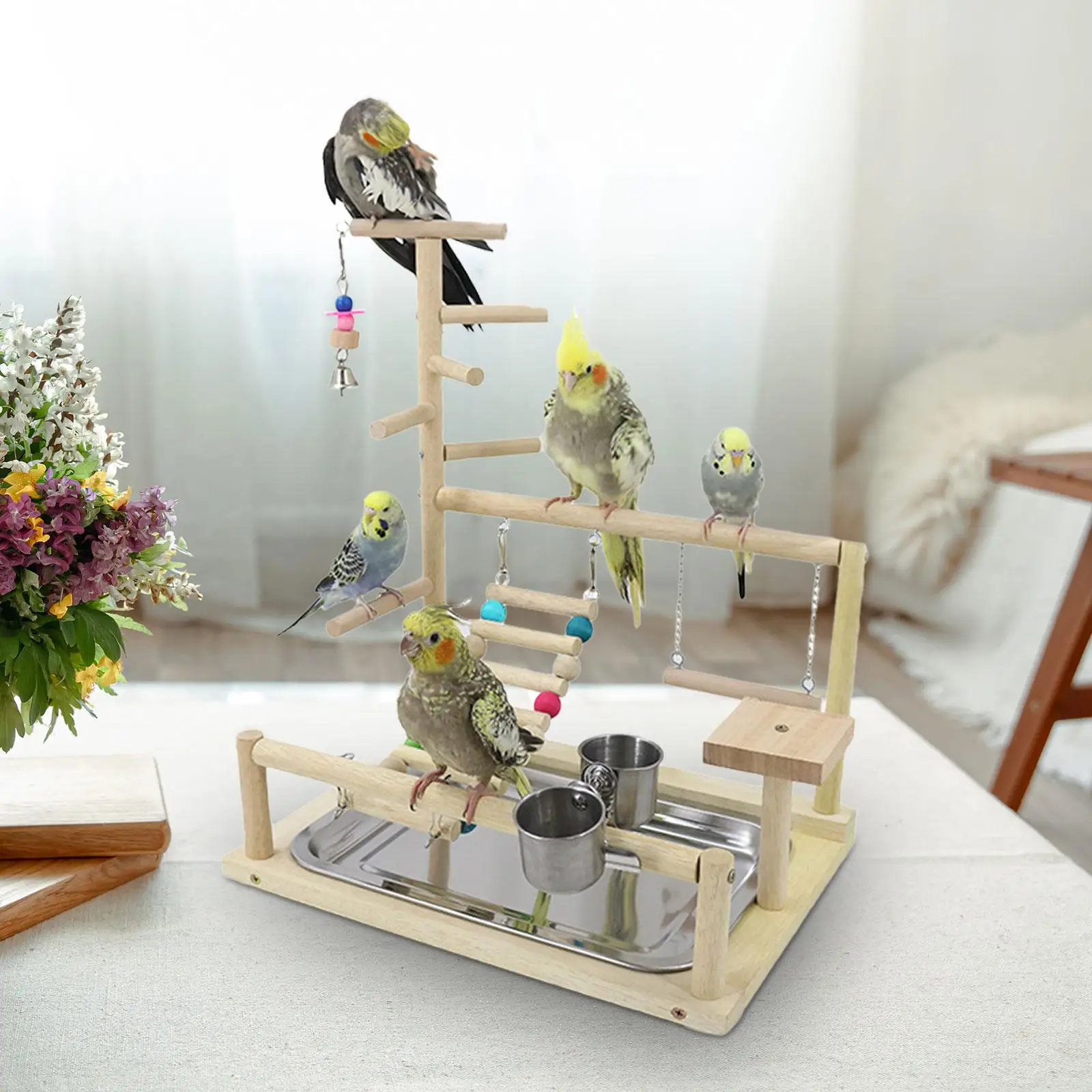 Bird Cage Perches Wooden Bird Playground Parrot Playstand Gym Playground Ladder with Metal Feeder Plate Toy for Budgie Parakeets Cockatoos