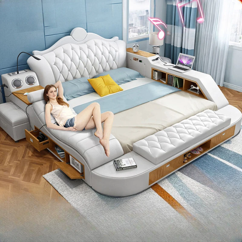 

European King Size Double Bed White Modern Massager Multifunctional Comferter Bed Light Luxury Cama Matrimonial Furniture Home