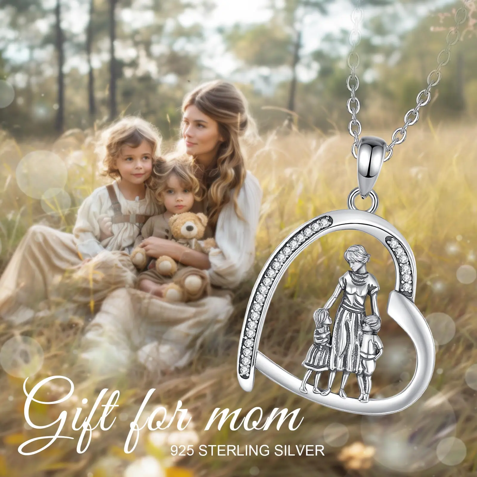 Eudora Original 925 Sterling Silver Mother Kids Necklace Heart Zircon Mom Boy Girl Pendant Vintage Jewelry Mother's Day Gift