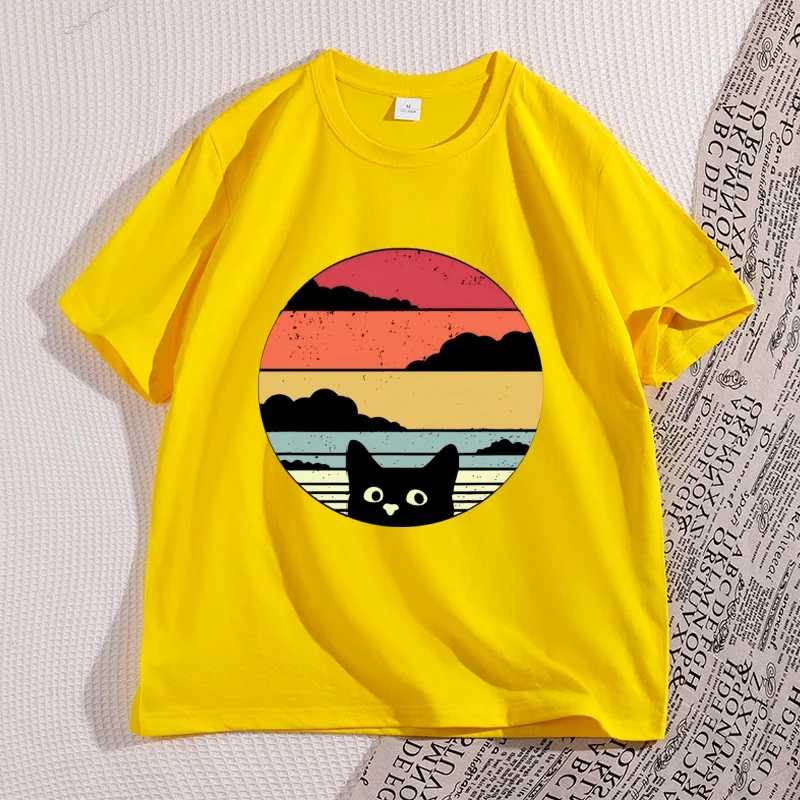 Vintage Black Cat Sunset Graphic Unisex T-Shirt - Cool Streetwear, Casual High-Quality Cotton Y2K Tee