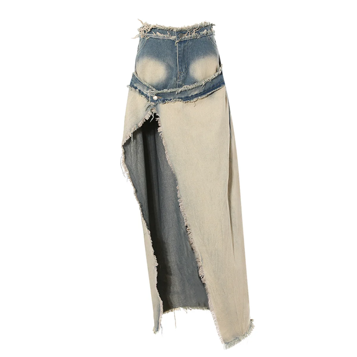 

SuperAen Spring/Summer 2024 New Vintage Design Water Washed Distressed Rough Edge Transition Denim Split Two Piece Skirt