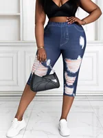 Plus Size Women's Capri Pants Faux Denim Print with Distressed Detail High Elasticity Comfortable Knit Mid-Calf Trousers - Image 2