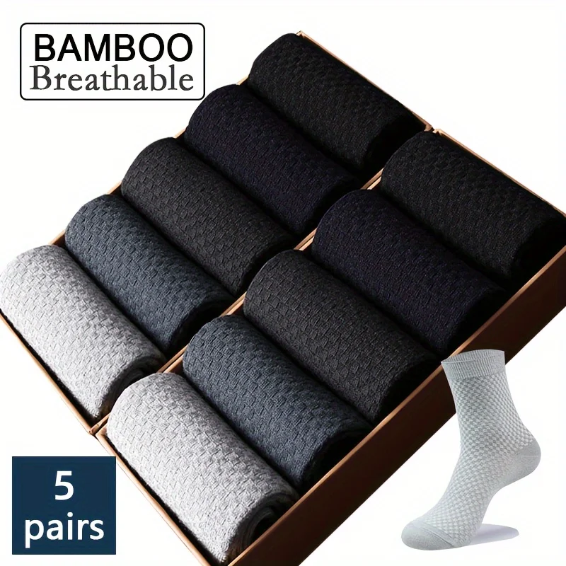 Mens Bamboo Fiber Socks - 5 Pairs Odor Resistant Dark Floral Pattern Medium Tube
