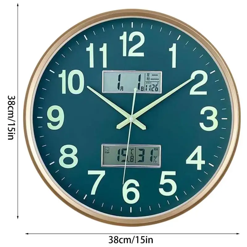38cm Wall Clock Silent Non Ticking Round Silent Clock with Calendar & Temperature & Humidity Digital Display Luminous