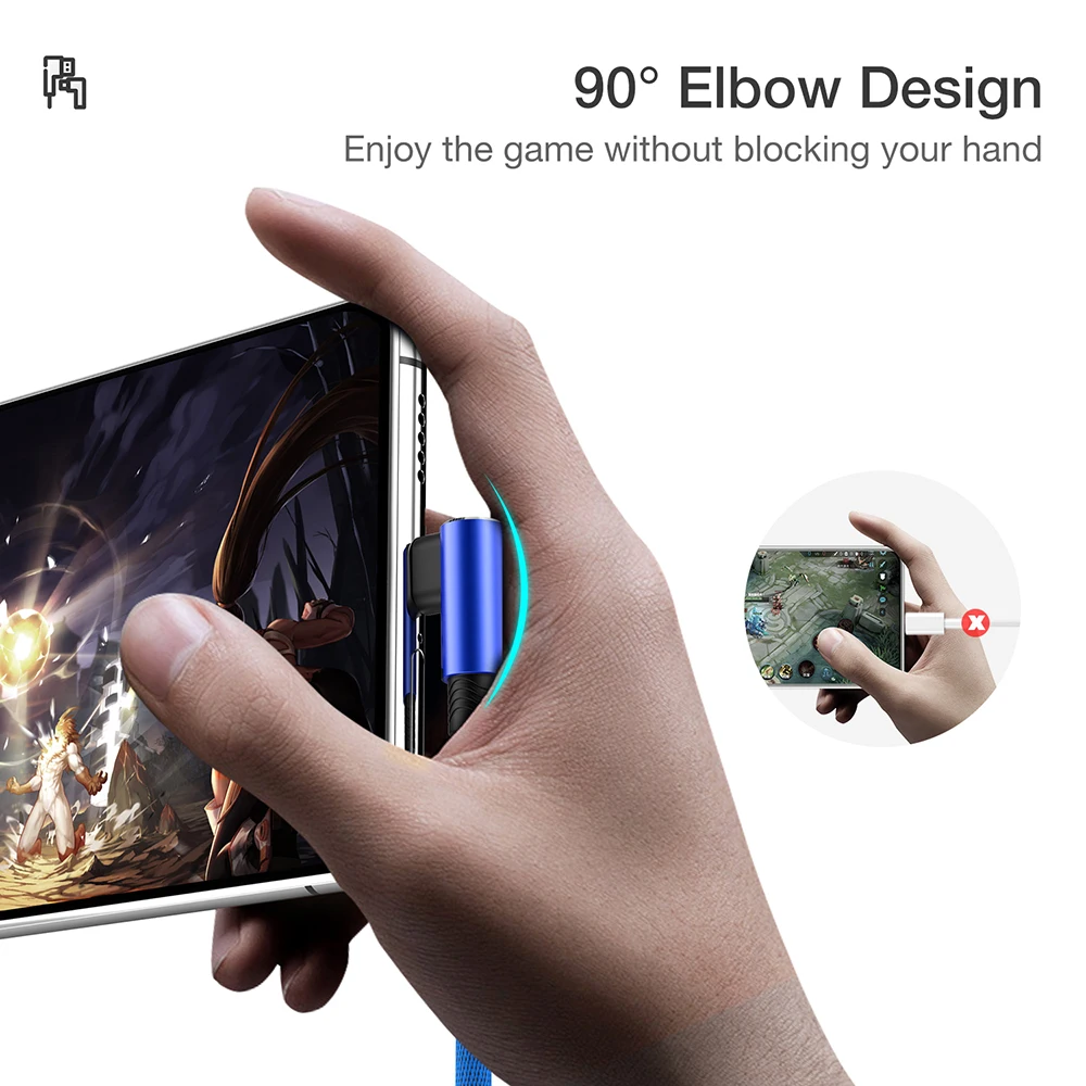 Elbow 90° USB-C Fast Charging Cable - Durable Nylon Braided Data Charger, Available in 1m, 2m, and 3m Lengths