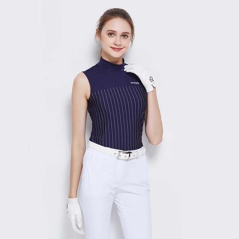 Women Tops Women Golf Polo Shirt Summer High Elastic Sports T-shirt Slim Ice Silk Sleeveless Top Stripe Half High Neck