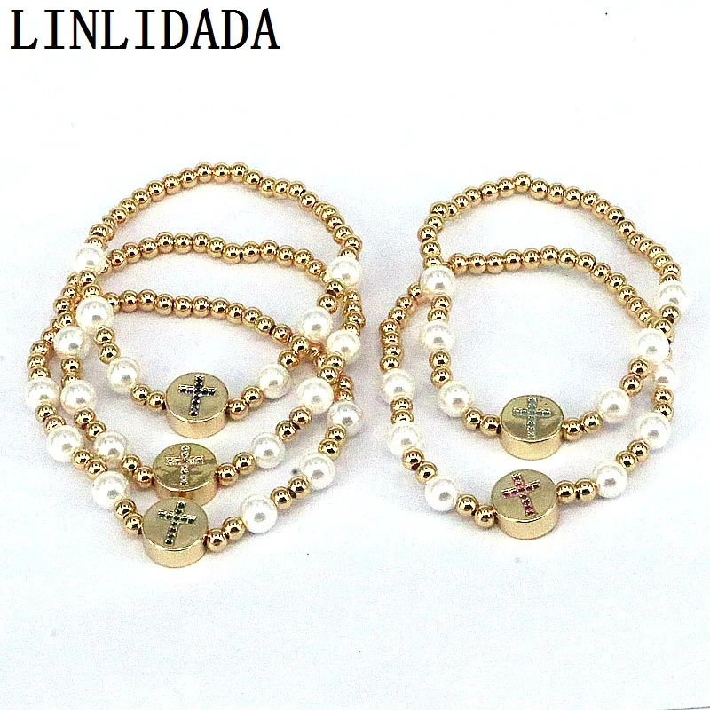 

Модные Позолоченные бусины, жемчужный браслет ручной работы, Красочные Cz Крест Сердце Звезда, амулетные браслеты для женщин и девушек, 10 шт.