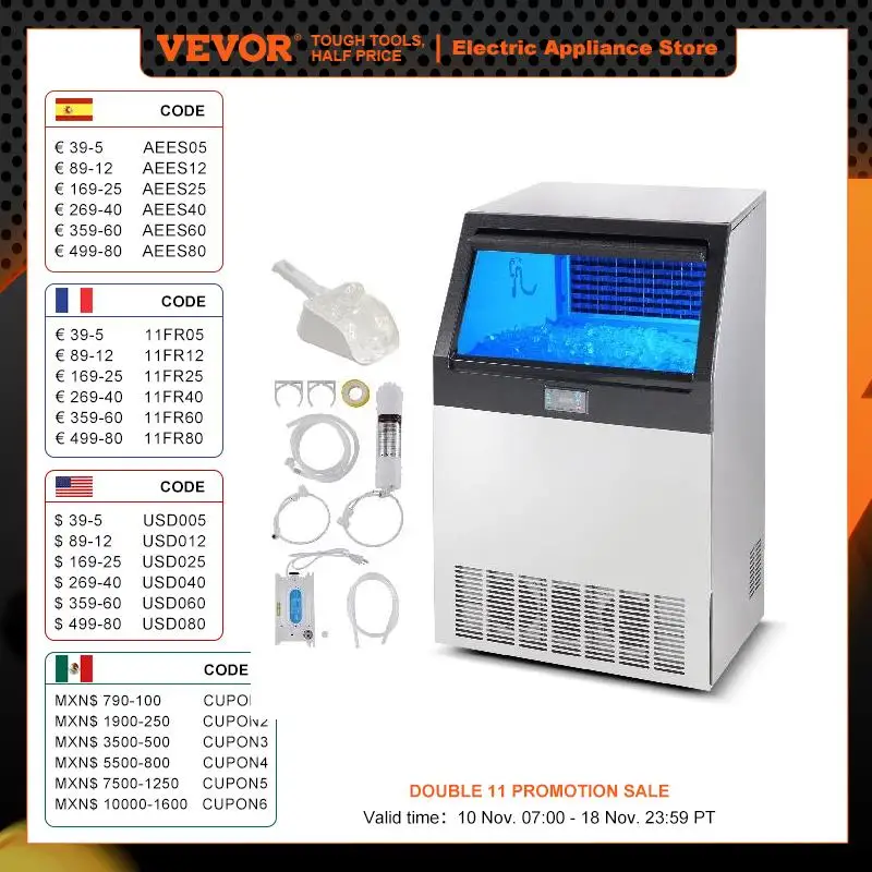 VEVOR Commercial Ice Maker 265lbs/24H Ice Maker Machine 126 Cubes in 12-15Minutes Freestanding Cabinet LED Display