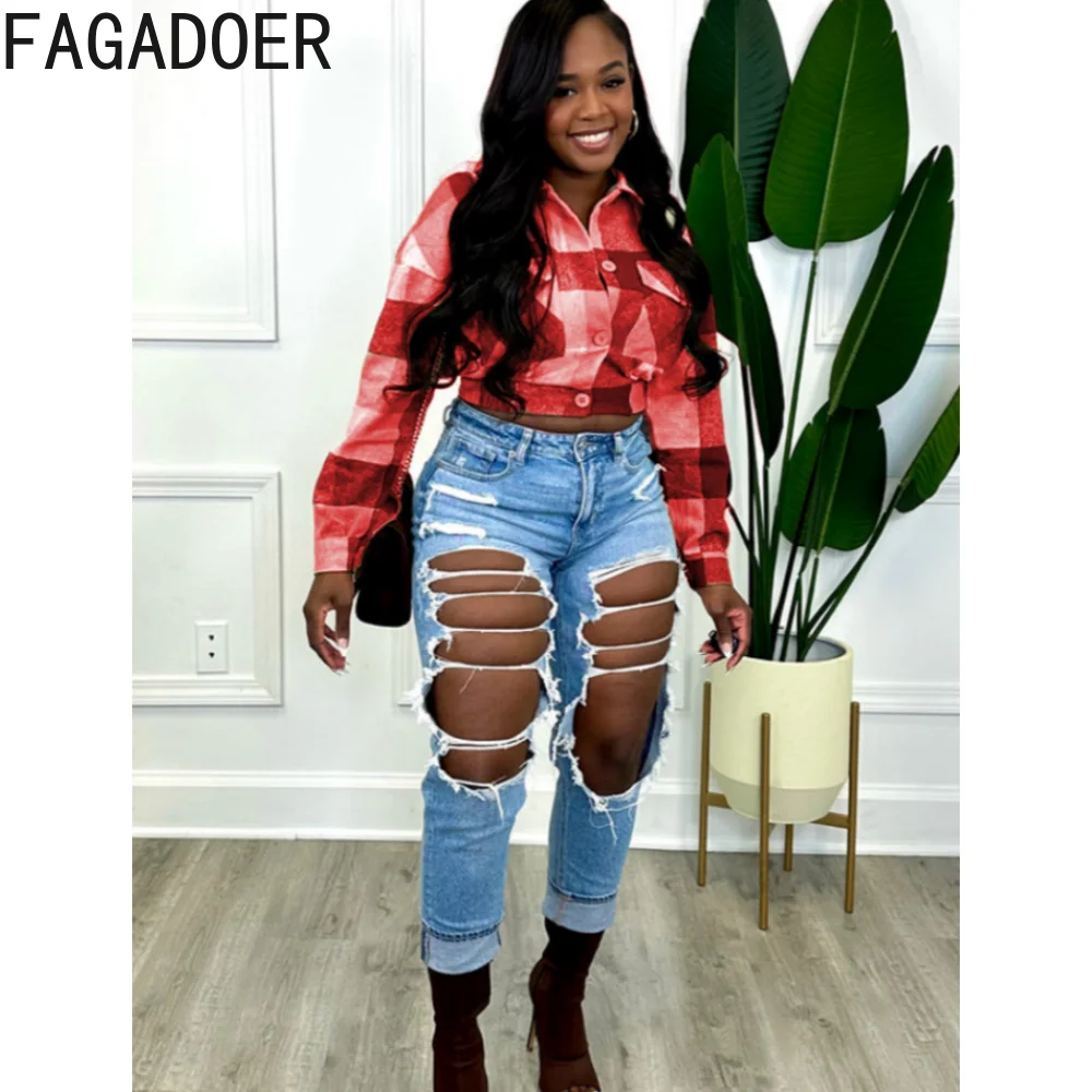 FAGADOER Autumn Casual Plaid Print Shirts Women Turndown Collar Long Sleeve Button Crop Tops Casual Female Slim Matching Clothes